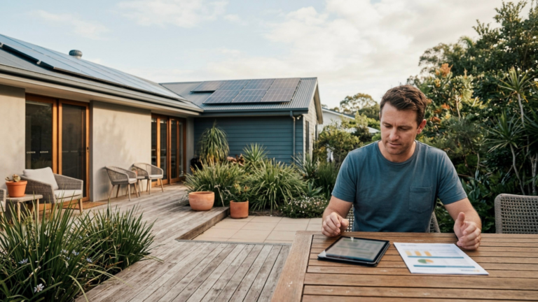 Man comparing solar quotes at a table outside a home, reviewing documents on a laptop.