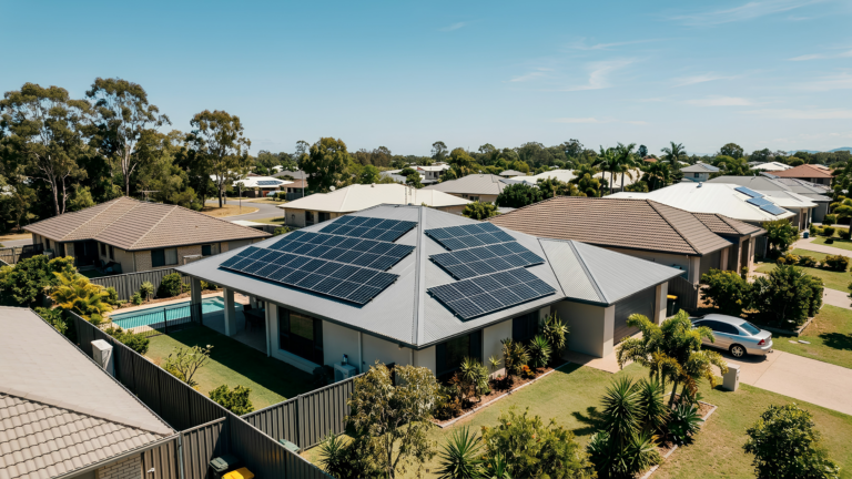 Aerial view of a home with solar panels installed on the roof, surrounded by trees and neighboring houses.